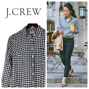 J. Crew 0 XS Shirt Top Button Down Gingham Plaid Black White Long Slv.